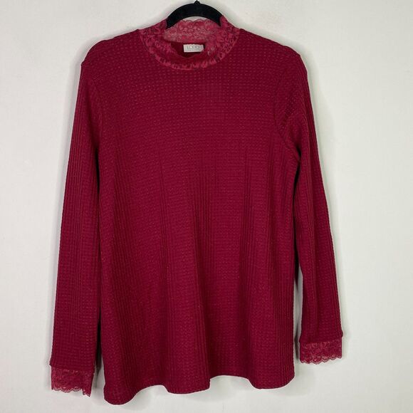 New LOGO Lori Goldstein Metallic Waffle Knit Mock Neck Lace Top Size Medium - Picture 7 of 7